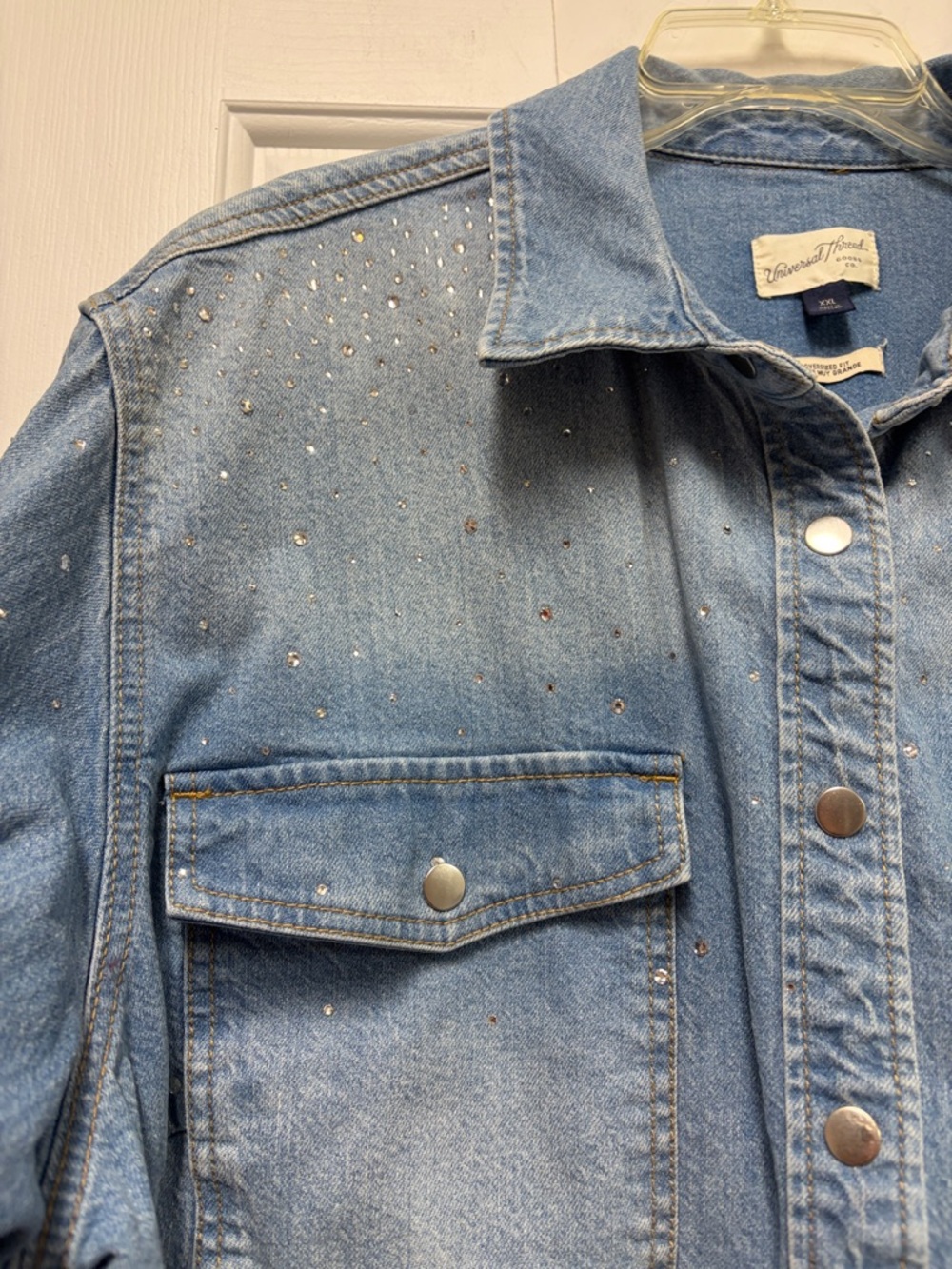 Universal Thread Light Blue Denim Snap-Front Jacket with Rhinestones